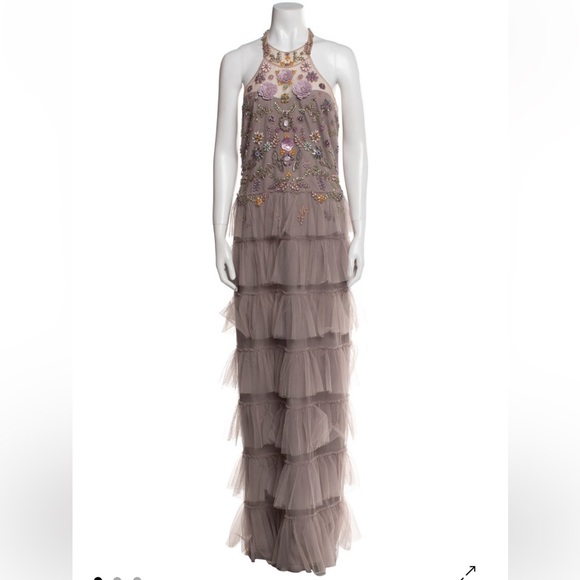 Marchesa Notte Dresses & Skirts - Marchesa Notte Embellished Taupe Tiered Tulle Evening Dress